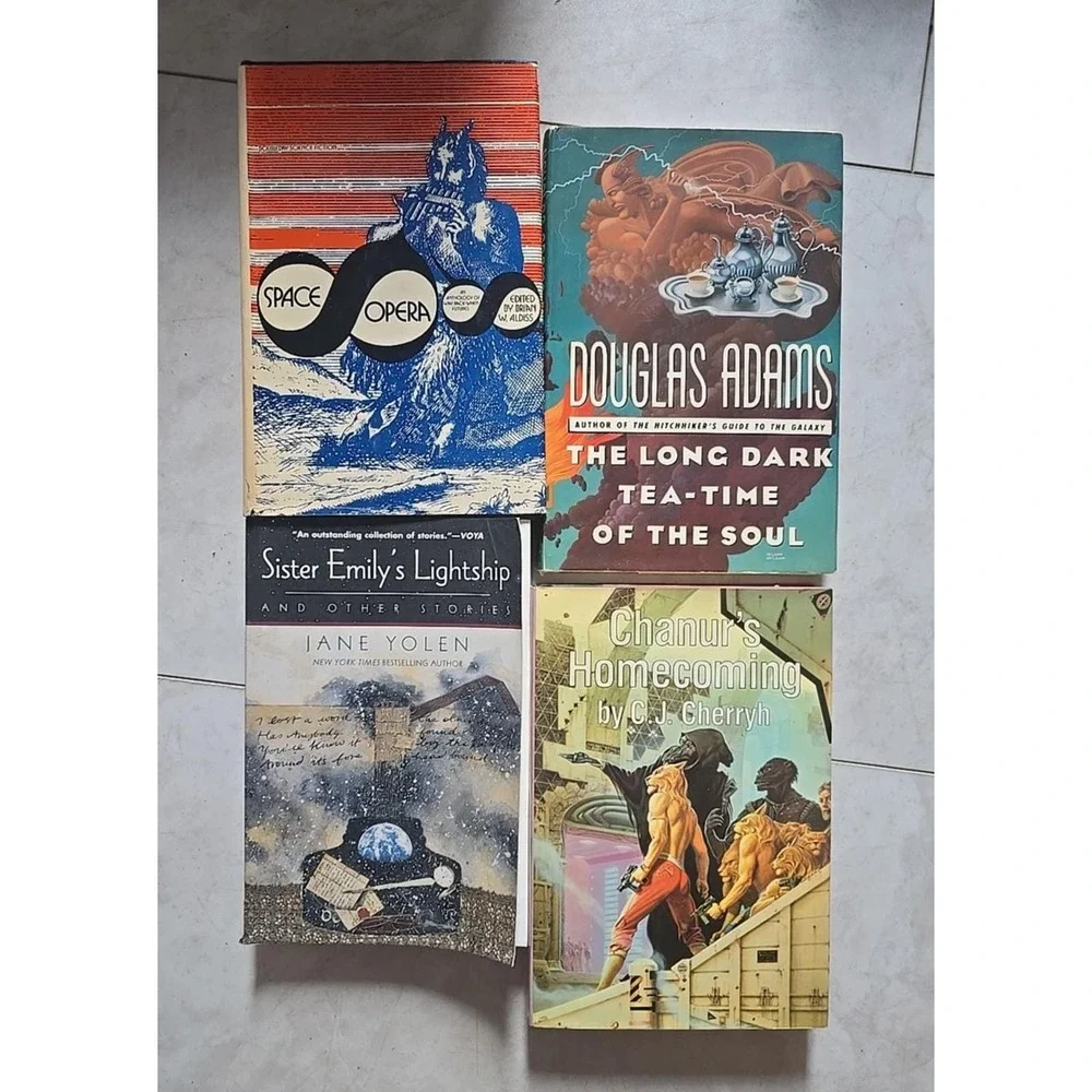 Lot of 4 Vintage Brian W. Aldiss, Douglas Adams, Jane Yolen & C.J. Cherryh Books